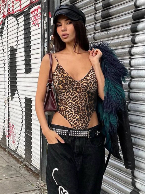 V-neck Leopard Print Sexy Silm BodySuit