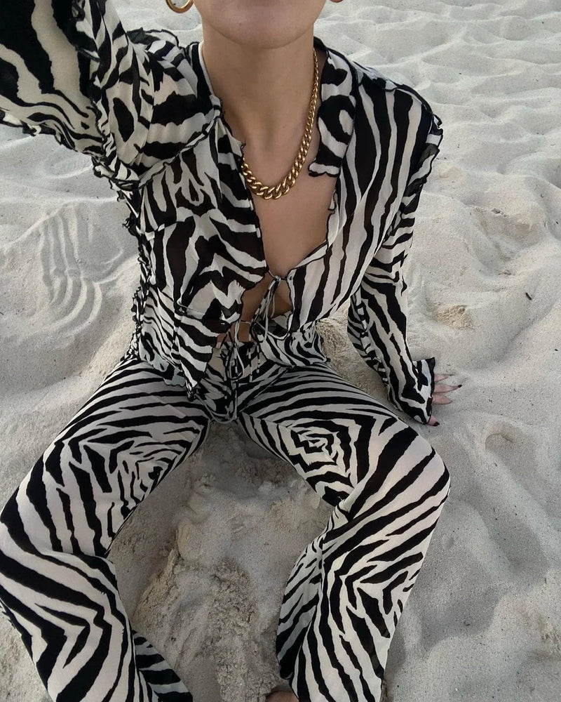 Animal Print Mesh Sheer Stripe Tie Set