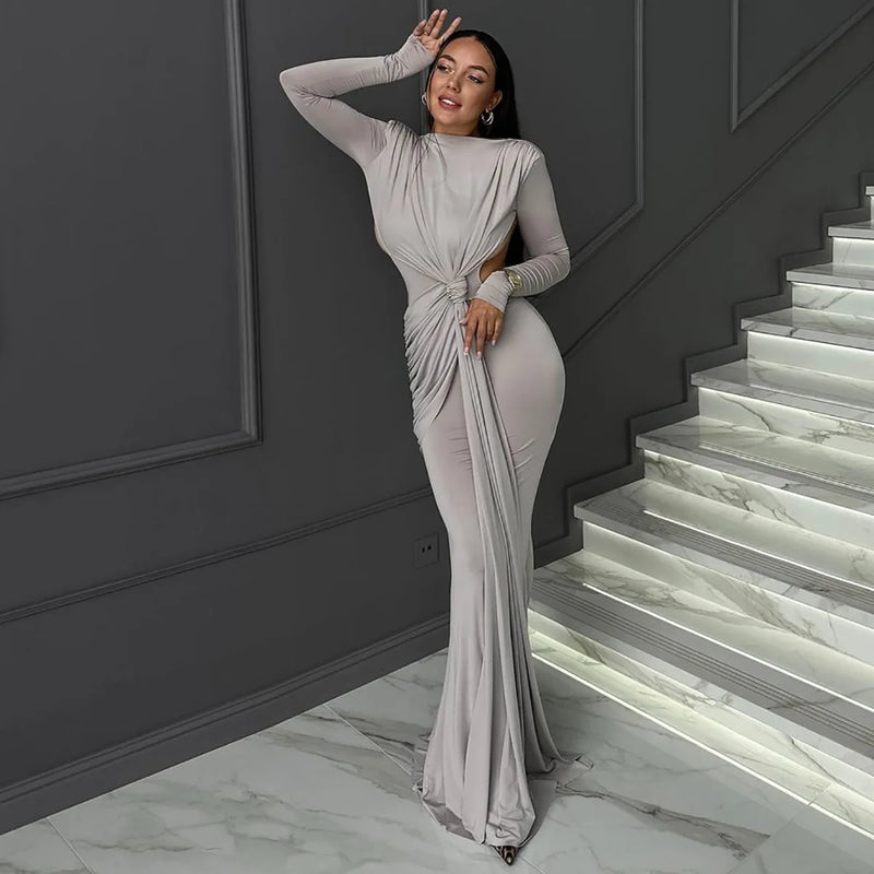 Ruched Cut Out Sexy Backless Maxi Dress