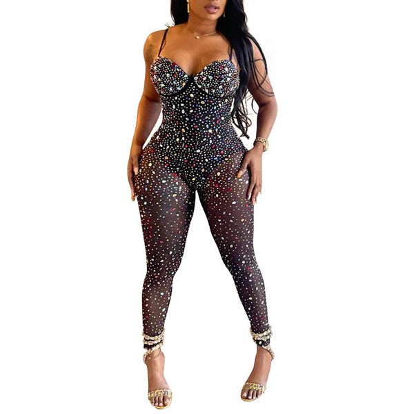 Sexy Sheer Mesh Rhinestone Backless Jumpsuits