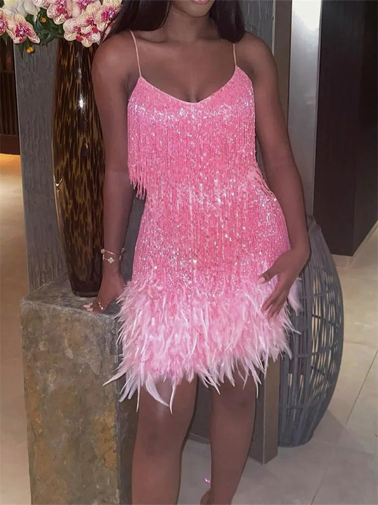 V Neck Sequin Tassel Feather Mini Dress